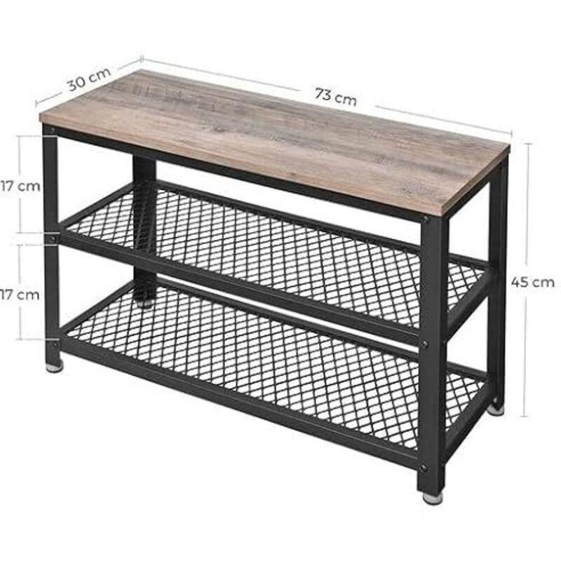 Gri Siyah Metal ve Ahşap 3 Katlı Oturaklı Ayakkabılık - 73x30x45 cm - 119488