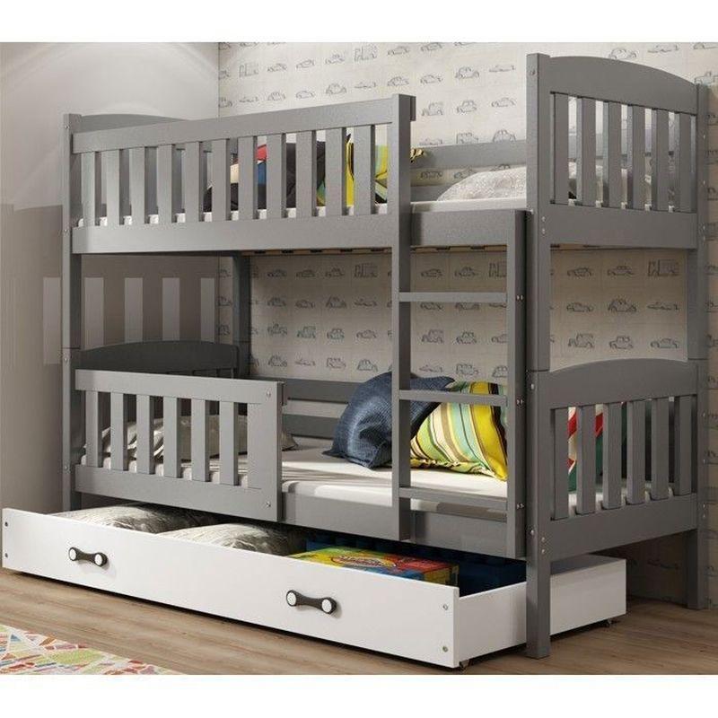 Gri ve Beyaz Masif Çam Ağacı Çekmeceli Ayrılabilir Ranza - 90x200 cm - 125641