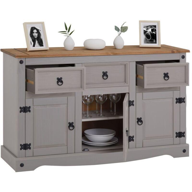 Gri ve Doğal Masif Çam Ağacı 3 Çekmeceli ve 3 Kapaklı Konsol - 125 cm - 129298