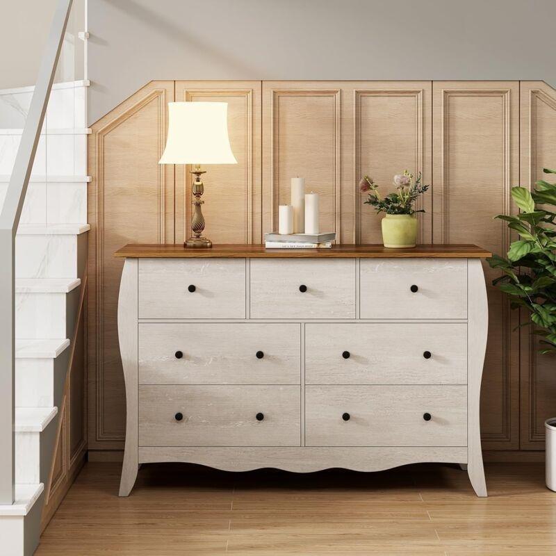 Gri ve Kahverengi Endüstriyel Ahşap 7 Katlanır Kumaş Çekmeceli Rustik Şifonyer - 120x39x78 cm - 123549
