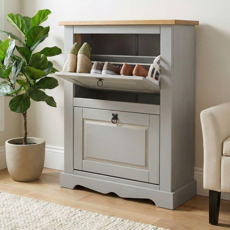 Gri ve Kahverengi Masif Çam 2 Düşer Kapaklı Dar Ayakkabılık - 100x26x95 cm - 119481