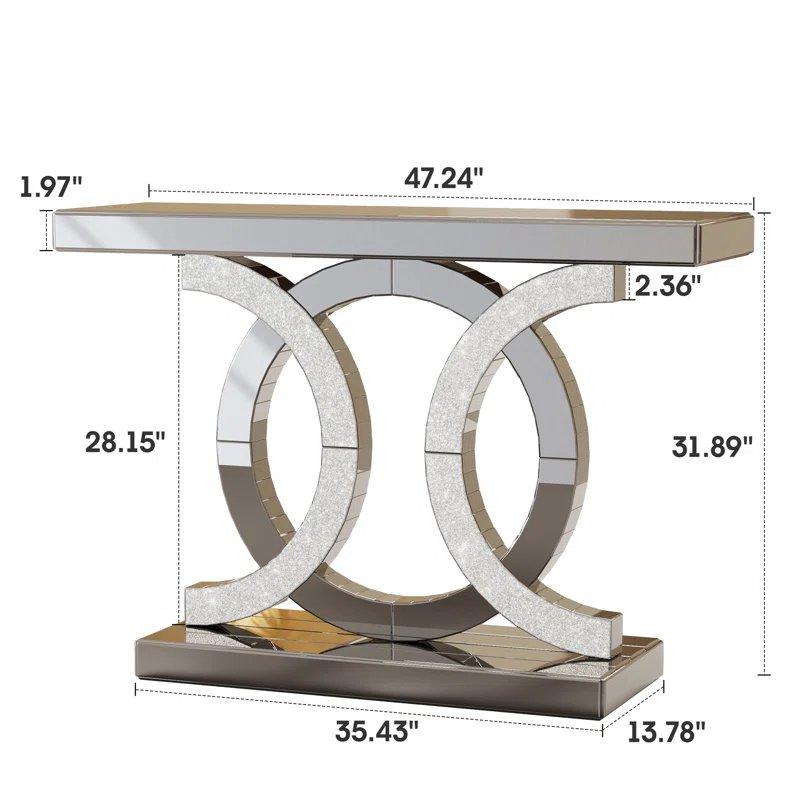 Gümüş Ayna Kaplama Kristal İşlemeli Çift Halka Tasarımlı Aynalı Dresuar - 120x35x81 cm - 131486