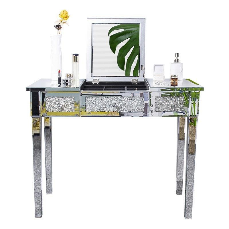 Gümüş Aynalı Cam Katlanır Aynalı Çekmeceli Cam Sehpa-79x100x42 cm - 117057