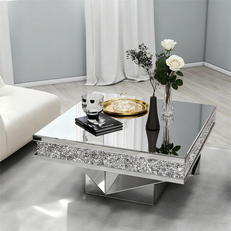 Gümüş Aynalı Cam Kırık Kristal Detaylı Cam Sehpa-117x90x90 cm - 117063