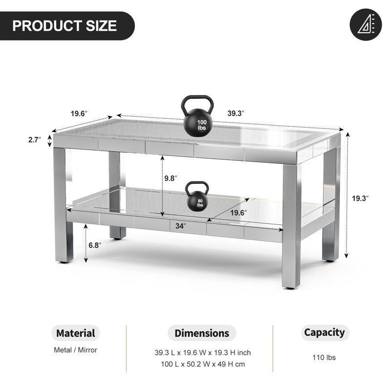 Gümüş Aynalı Cam LED Işıklı İki Katlı Aynalı Cam Sehpa-46x100x50 cm - 117006