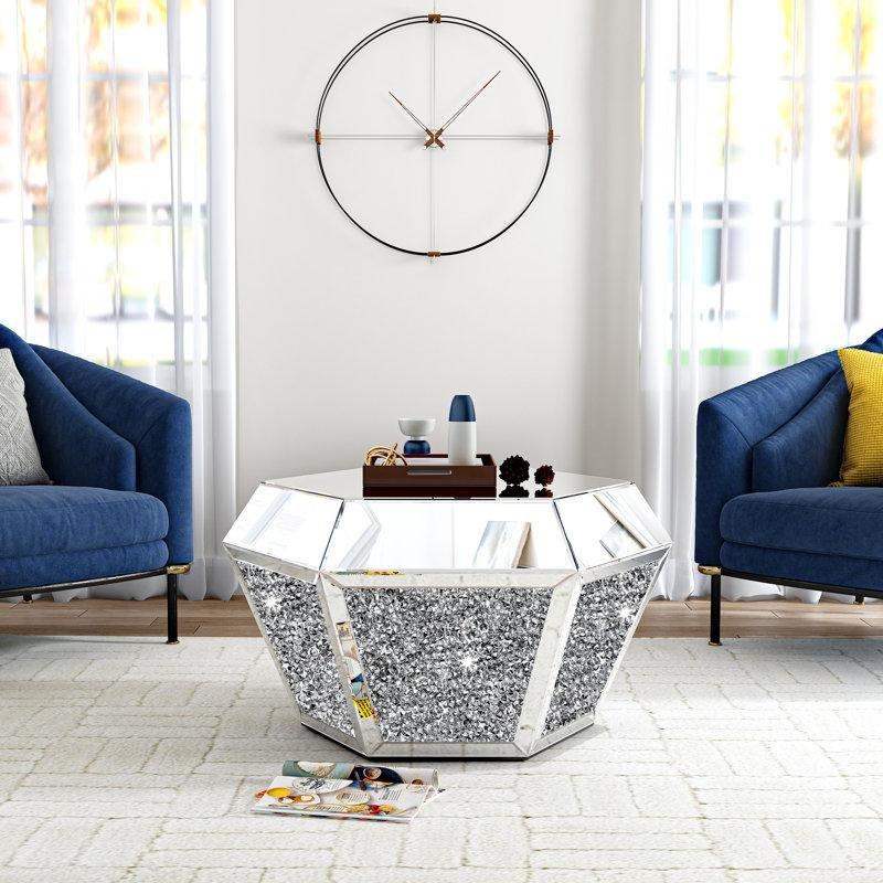 Gümüş Aynalı Cam Parlak Geometrik Aynalı Cam Sehpa-46x82x61 cm - 117030