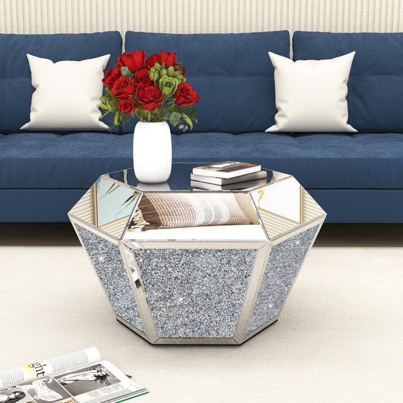 Gümüş Aynalı Cam Parlak Geometrik Aynalı Cam Sehpa-46x82x61 cm - 117030