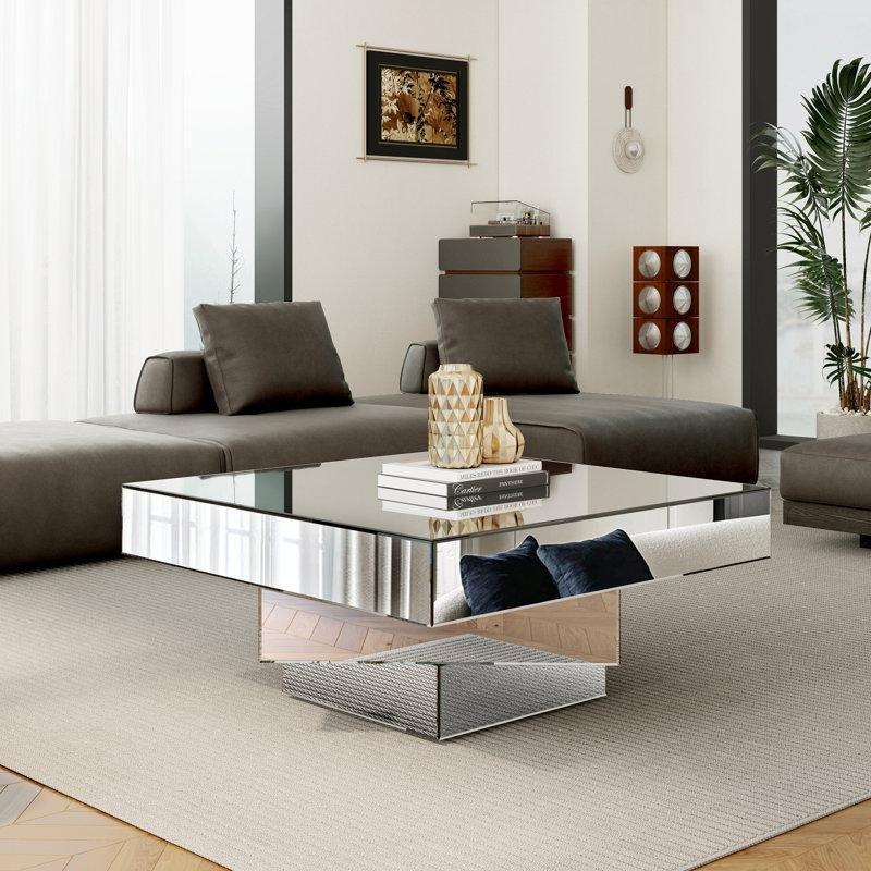 Gümüş Aynalı Cam Üç Katlı Aynalı Cam Sehpa-47x100x100 cm - 117105
