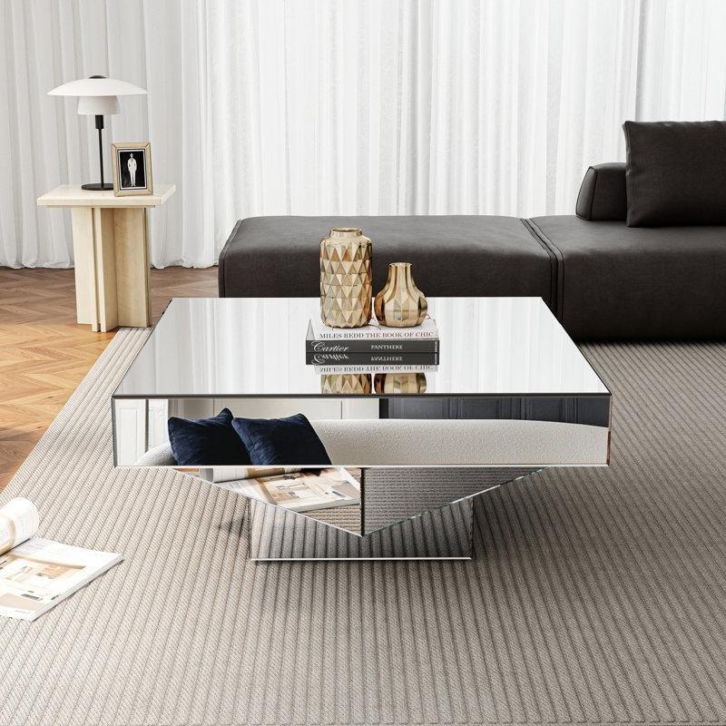 Gümüş Aynalı Cam Üç Katlı Aynalı Cam Sehpa-47x100x100 cm - 117105