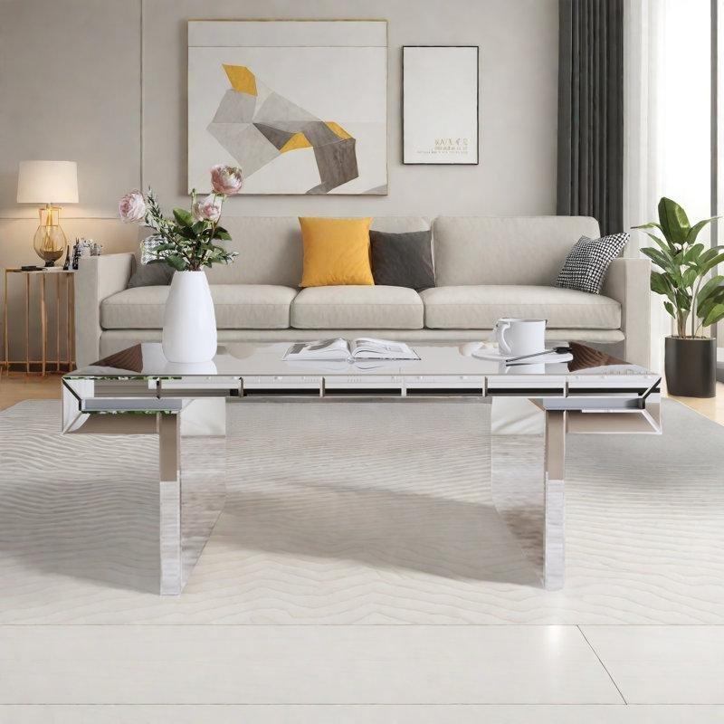 Gümüş Aynalı Cam Yivli Temperli Cam Detaylı Kızak Ayaklı Cam Sehpa-45x121x59 cm - 117081