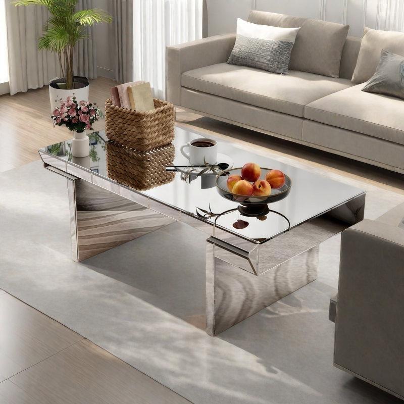 Gümüş Aynalı Cam Yivli Temperli Cam Detaylı Kızak Ayaklı Cam Sehpa-45x121x59 cm - 117081