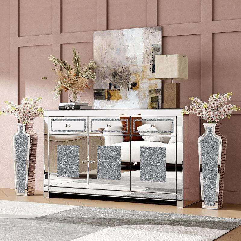 Gümüş Cam ve Ahşap 2 Çekmeceli Kristal Kulp Detaylı Aynalı Konsol - 135x40x80 cm - 128902