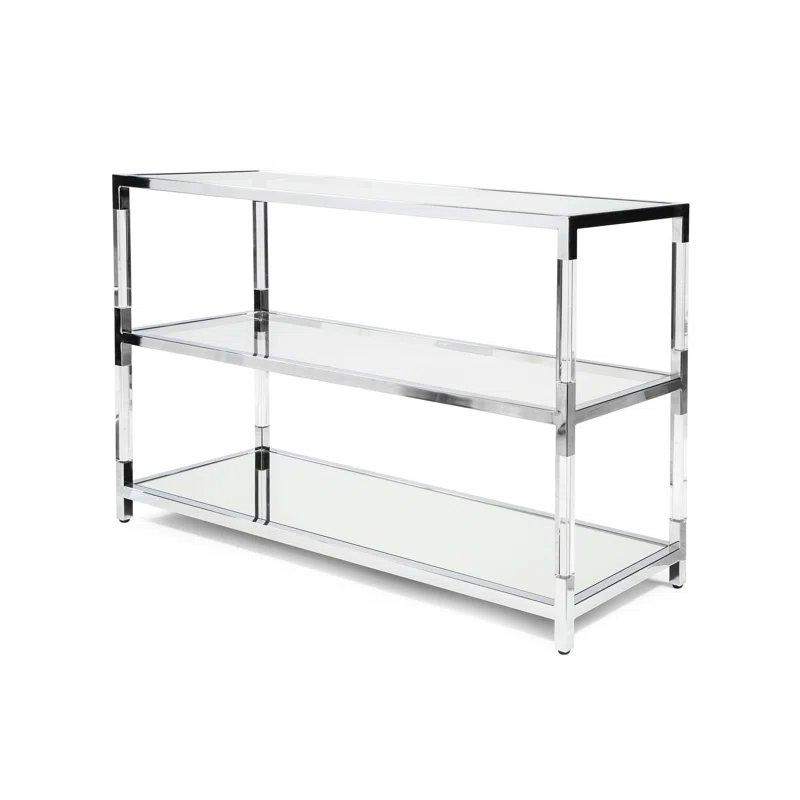 Gümüş Detaylı Akrilik Ayaklı Aynalı Alt Raflı Temperli Cam Şeffaf Dresuar - 121x41x77 cm - 132796