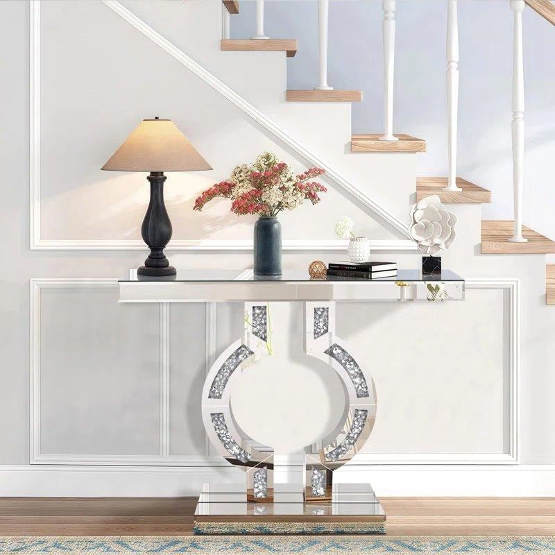 Gümüş Kristal Taş Detaylı O Tabanlı Aynalı Dresuar - 100x30x82 cm - 131436