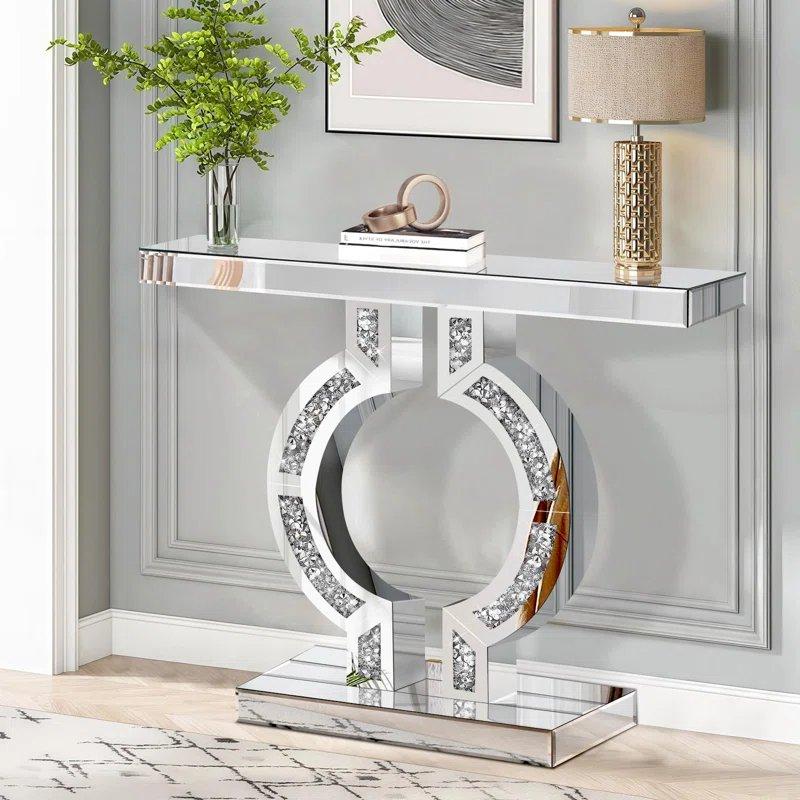 Gümüş Kristal Taş Detaylı O Tabanlı Aynalı Dresuar - 100x30x82 cm - 131436