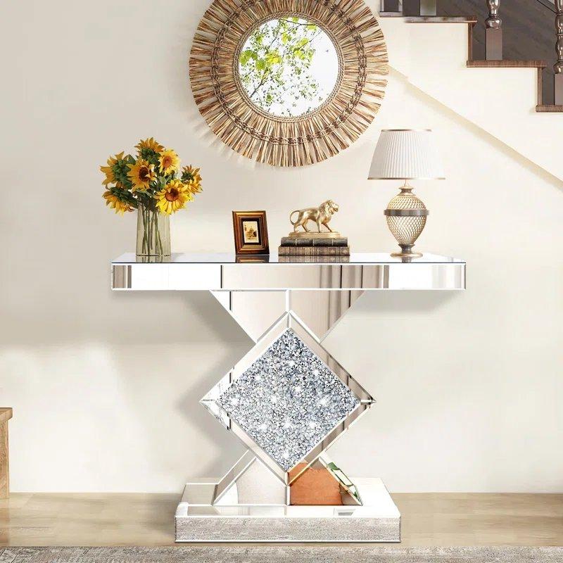 Gümüş Kristal Taş İşlemeli Dikdörtgen Aynalı Dresuar - 80x29x77 cm - 131382