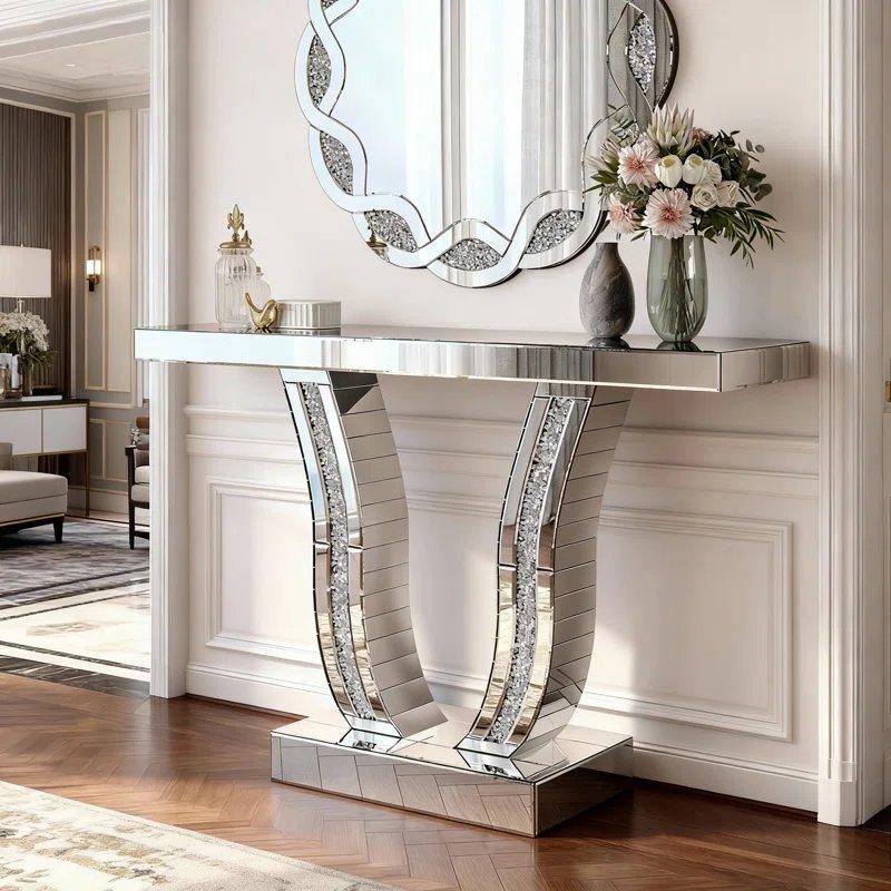 Gümüş Kristal Taş İşlemeli Kavisli Ayaklı Aynalı Dresuar - 110x30x75 cm - 131411