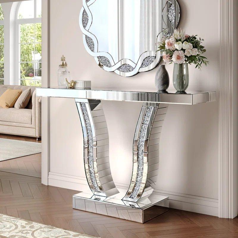 Gümüş Kristal Taş İşlemeli Kavisli Ayaklı Aynalı Dresuar - 110x30x75 cm - 131411