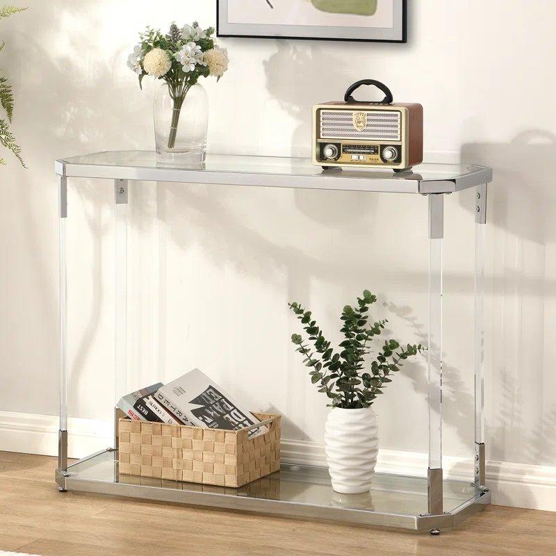 Gümüş Krom ve Akrilik İskeletli Çift Raflı Cam Dresuar - 110x35x79 cm - 131685