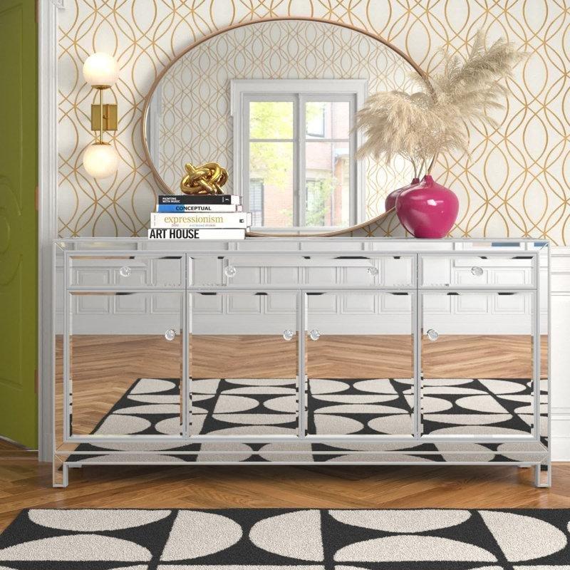 Gümüş MDF ve Kristal Kulp Detaylı 3 Çekmeceli 4 Kapaklı Aynalı Konsol - 183x92 cm - 128893