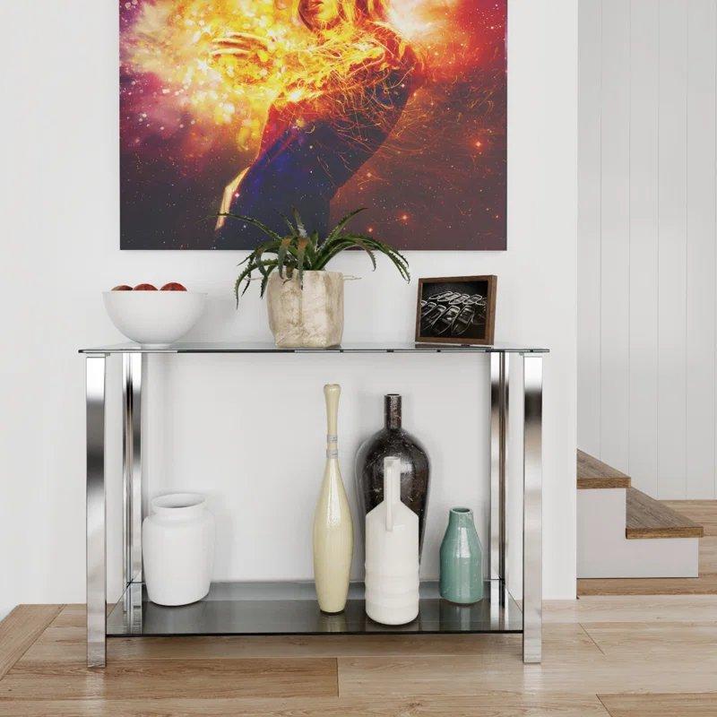 Gümüş Metal Ayaklı Çift Raflı Temperli Cam Dresuar - 110x35x75 cm - 131823
