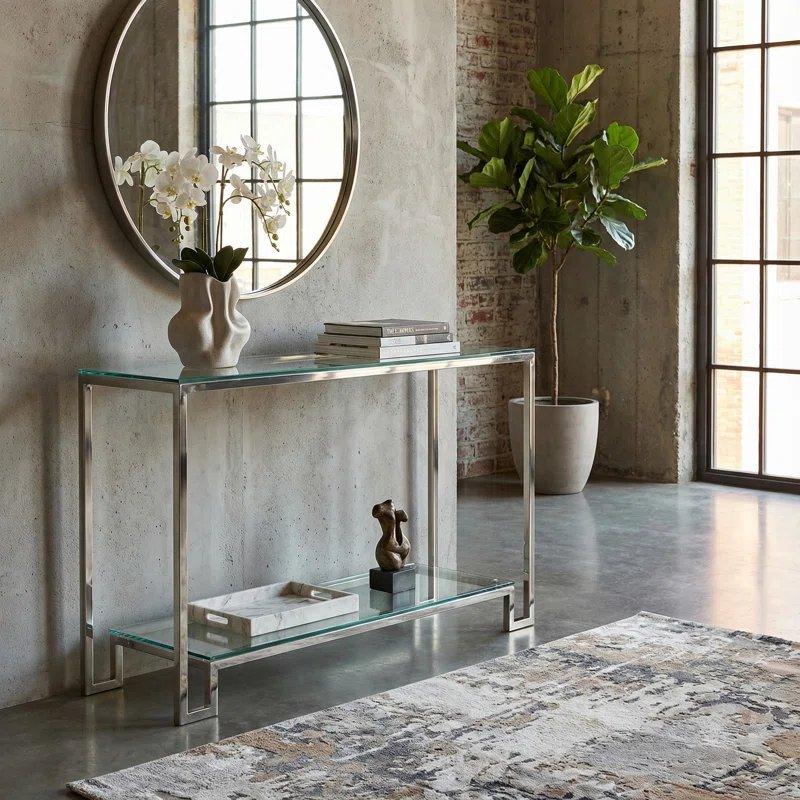 Gümüş Paslanmaz Çelik ve Temperli Cam 2 Raflı Cam Dresuar - 122x36x79 cm - 131577