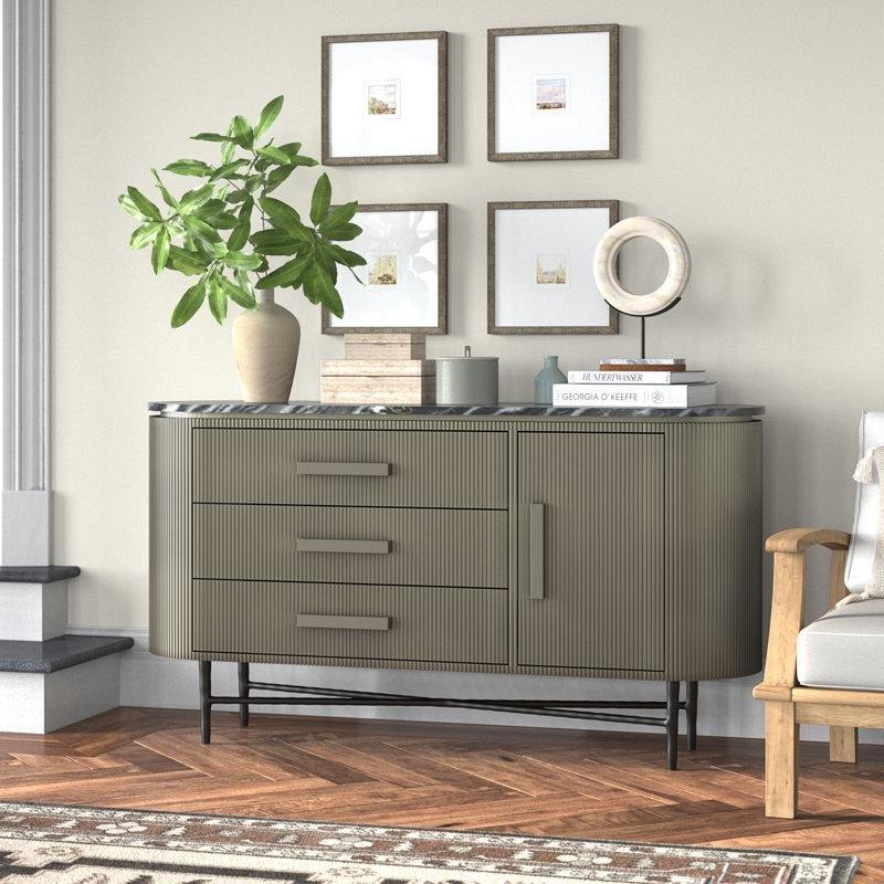 Gümüş ve Siyah Detaylı Endüstriyel Ahşap Gövdeli 3 Çekmeceli Üstü Mermer Konsol - 150x41x80 cm - 129121