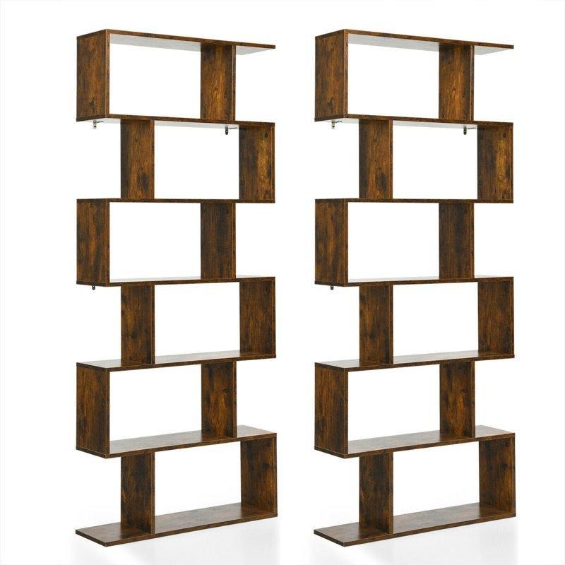 Kahve Endüstriyel Ahşap 6 Raflı S Tasarım 2li Set Kitaplık - 80x191 cm - 141718