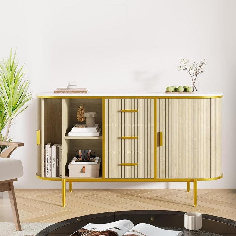 Kahverengi Ahşap 3 Çekmeceli Oval Tasarım Üstü Mermer Konsol - 120x40x80 cm - 129136