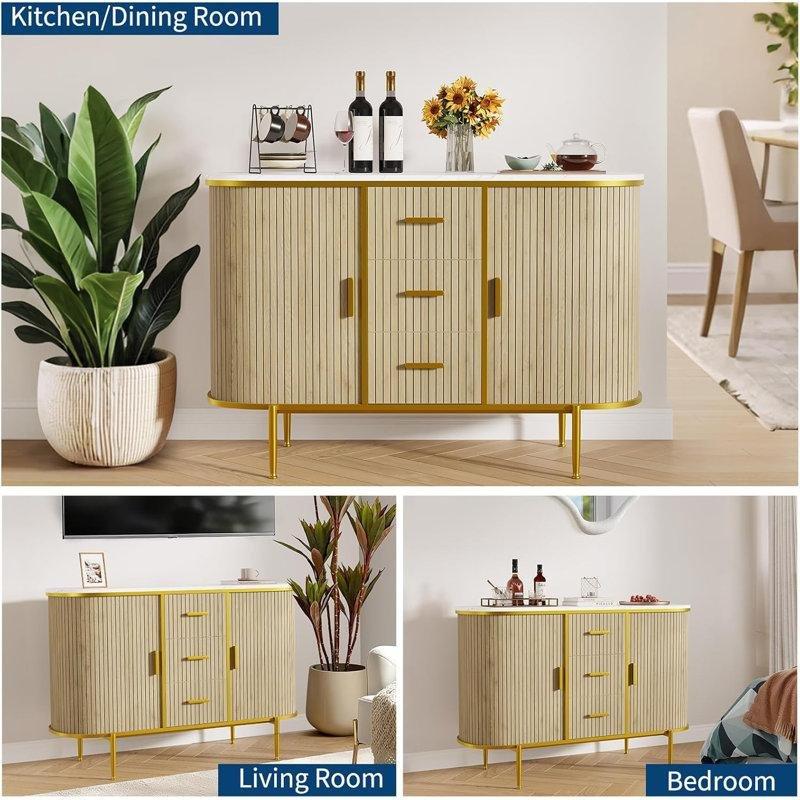 Kahverengi Ahşap 3 Çekmeceli Oval Tasarım Üstü Mermer Konsol - 120x40x80 cm - 129136