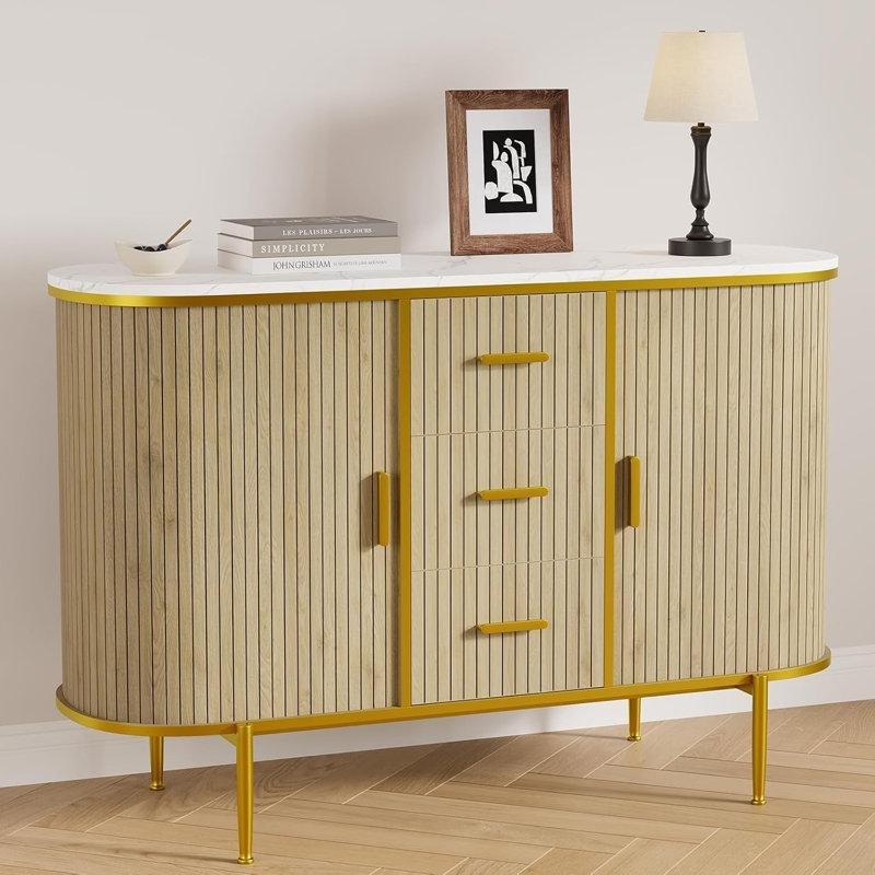 Kahverengi Ahşap 3 Çekmeceli Oval Tasarım Üstü Mermer Konsol - 120x40x80 cm - 129136