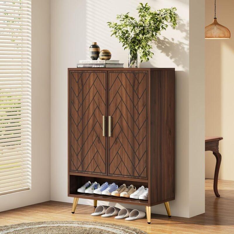 Kahverengi Ahşap Balıksırtı Desenli Kapaklı Ayakkabılık-75x35x110 cm - 120441