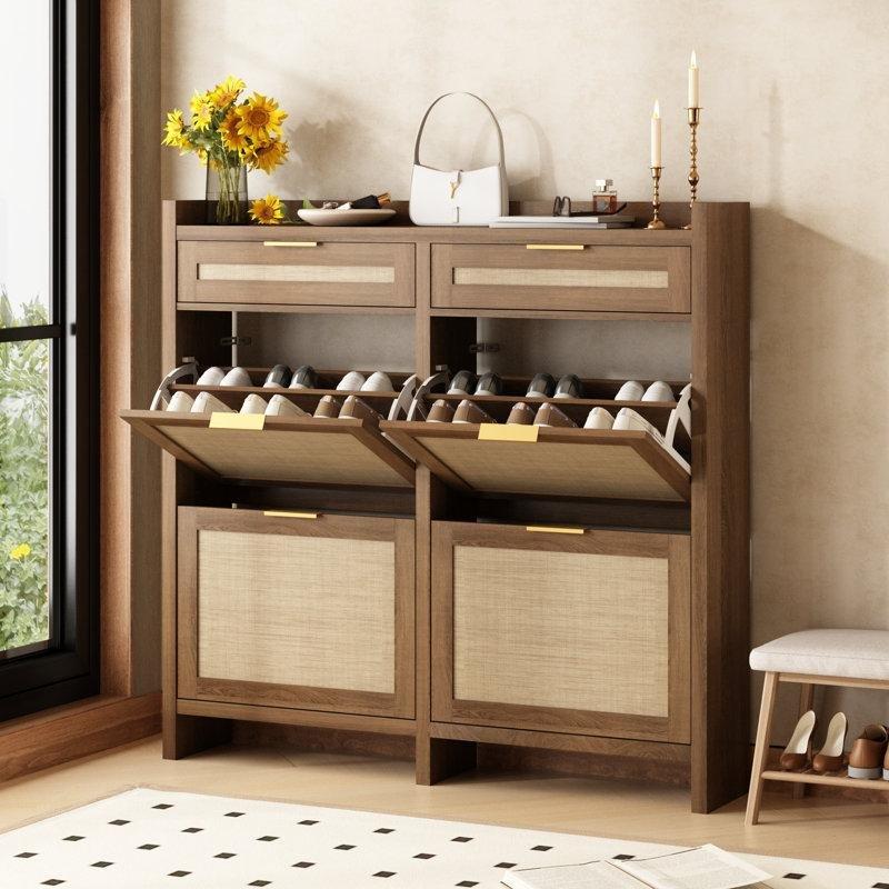 Kahverengi Ahşap Hasır Detaylı 4 Düşer Kapaklı Ayakkabılık - 120x24x116 cm - 120712