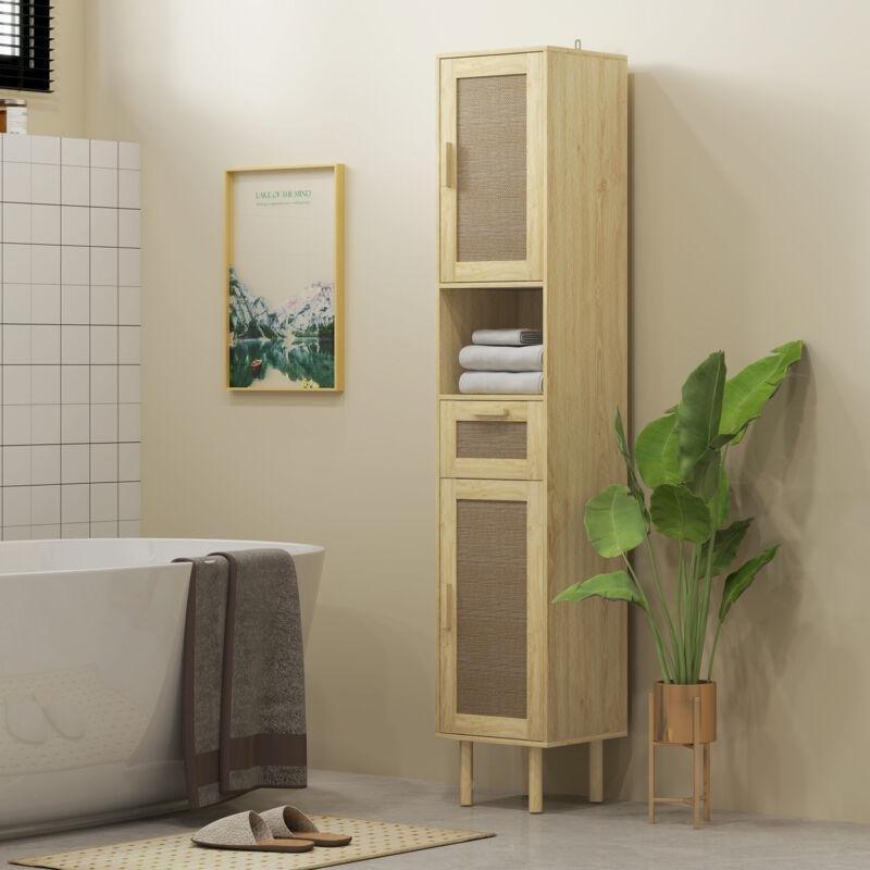 Kahverengi Ahşap Hasır Kapaklı Çekmeceli Hasır Banyo Dolabı-32x30x170 cm - 114277