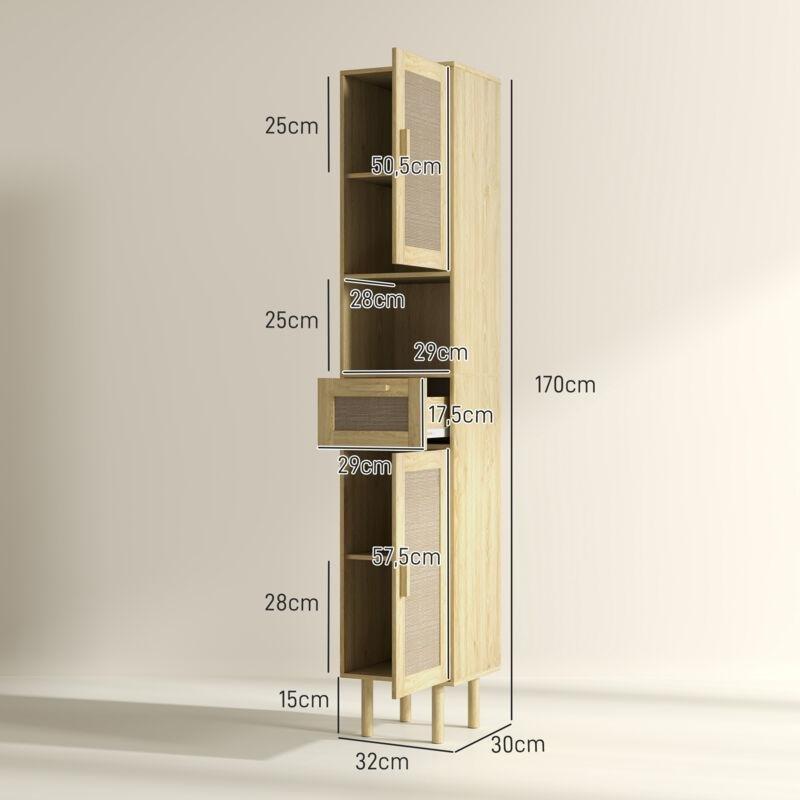 Kahverengi Ahşap Hasır Kapaklı Çekmeceli Hasır Banyo Dolabı-32x30x170 cm - 114277