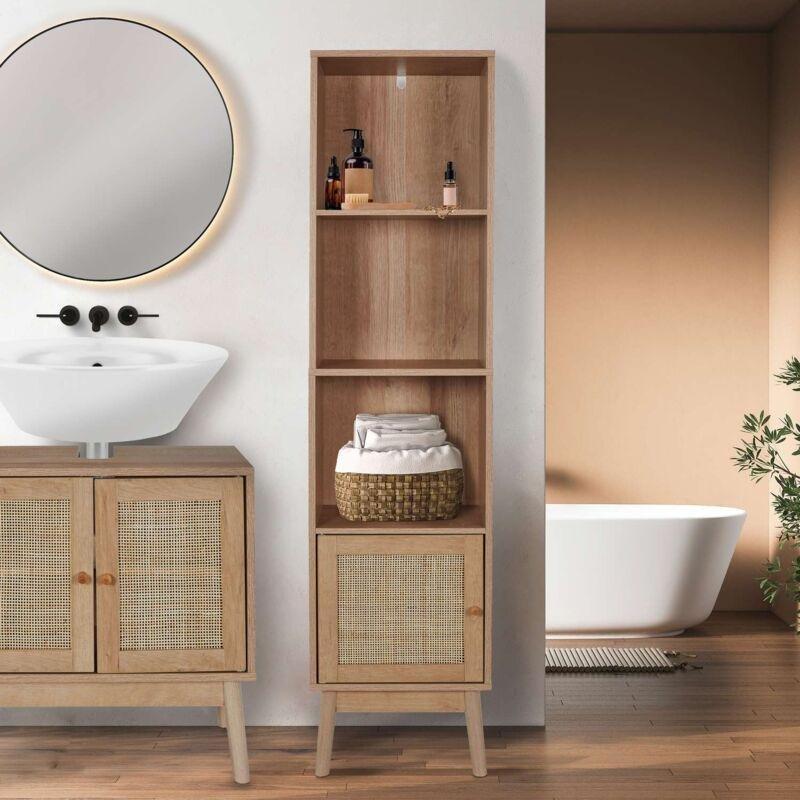 Kahverengi Ahşap Hasır Kapaklı Hasır Banyo Dolabı-40x30x160 cm - 114215