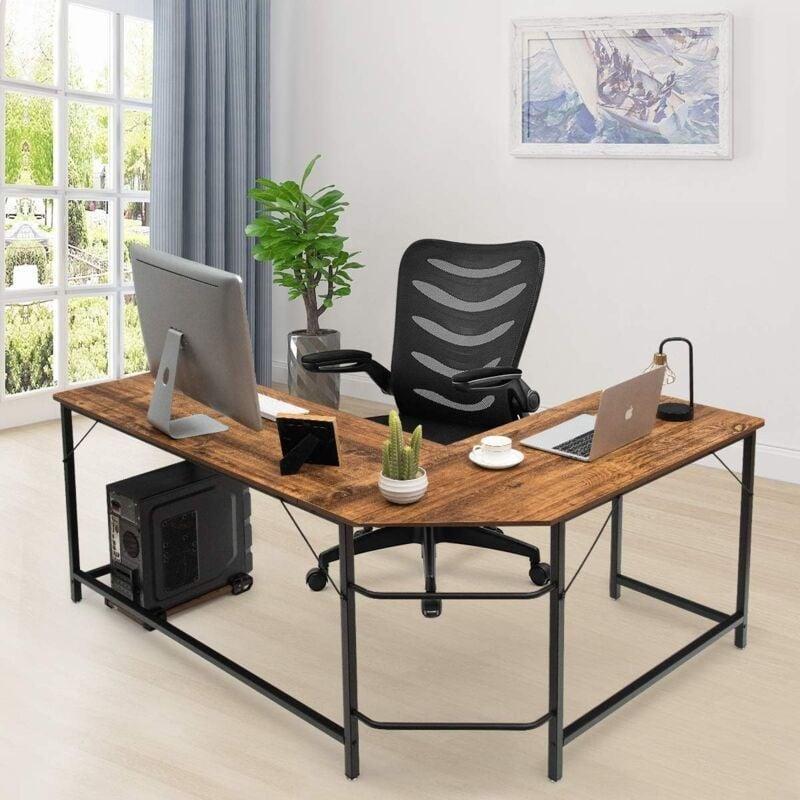 Kahverengi Ahşap Metal Ayaklı Ayarlanabilir Ayaklı Köşe Bilgisayar Masası-168x125x75 cm - 115161