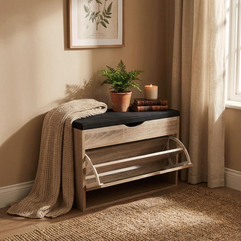 Kahverengi Ahşap Minderli Saklama Bölmeli Ayakkabılık Bench - 60x30x50 cm - 119613
