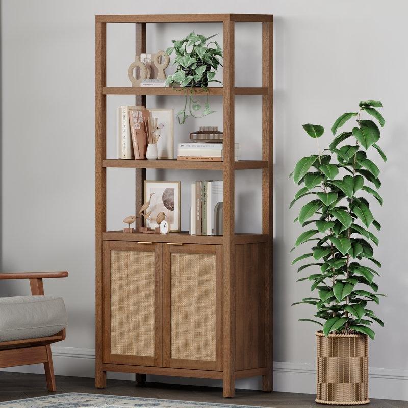Kahverengi Ahşap ve Rattan Tasarımlı 2 Kapaklı 5 Raflı Kitaplık - 78x180 cm - 141343