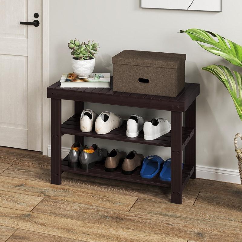 Kahverengi Bambu 3 Raflı Oturaklı Ayakkabılık Bench - 71x29x46 cm - 120682