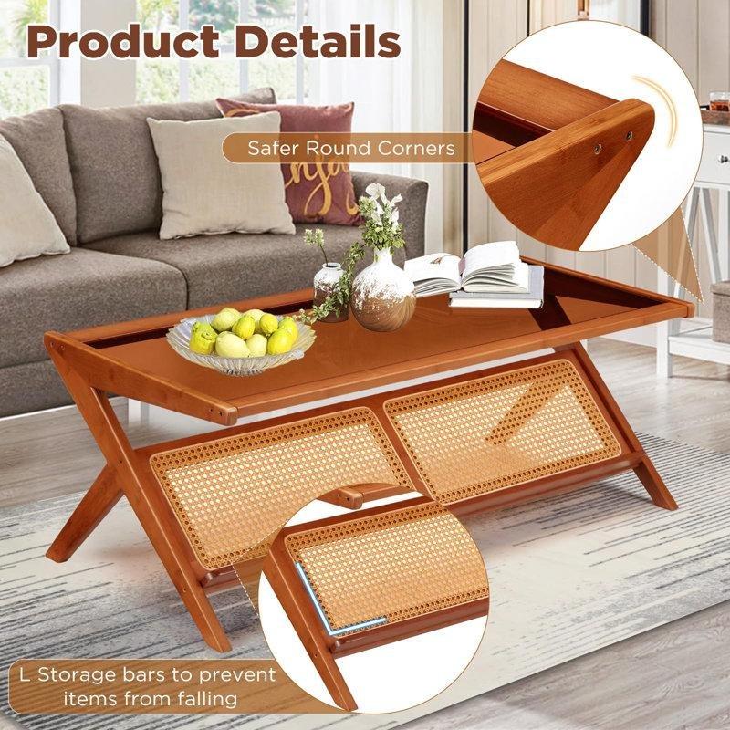 Kahverengi Bambu Çıkarılabilir Temperli Cam Tablalı Hasır Cam Sehpa-44x120x56 cm - 117564