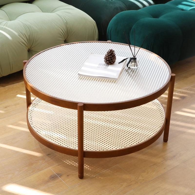 Kahverengi Cam Hasır Örgü Raflı Hasır Cam Sehpa-85x85x43 cm - 117663