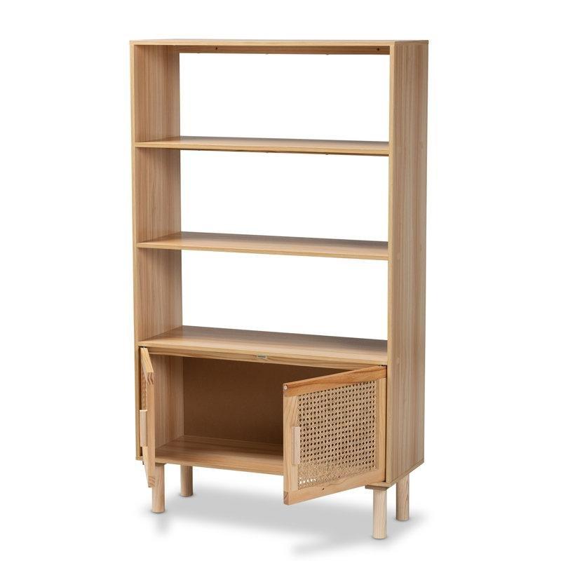 Kahverengi Çam ve Rattan Detaylı 3 Açık Raflı Kapaklı Kitaplık - 80x30x140 cm - 141337