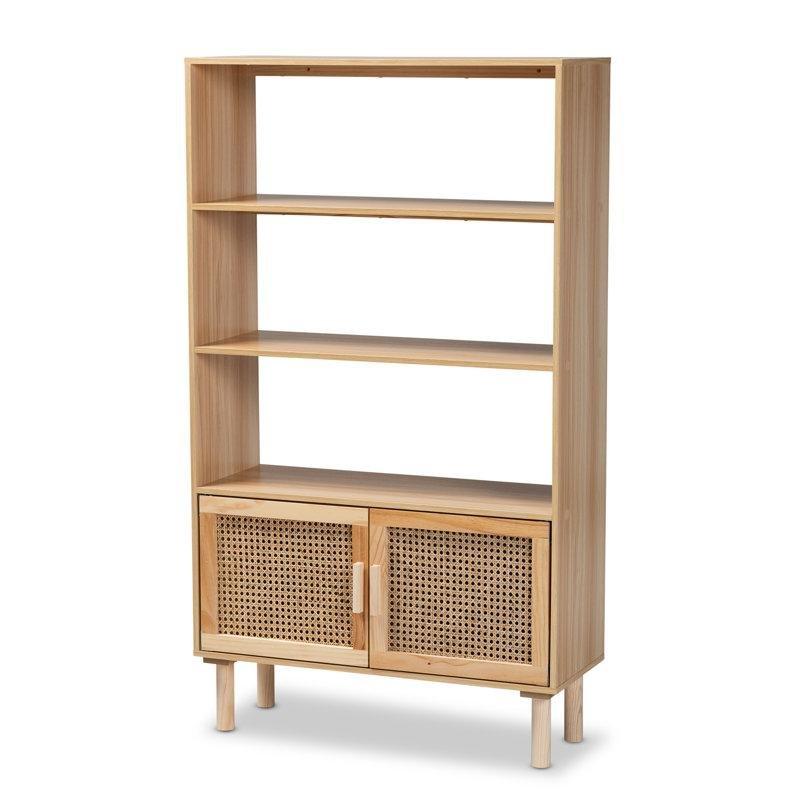 Kahverengi Çam ve Rattan Detaylı 3 Açık Raflı Kapaklı Kitaplık - 80x30x140 cm - 141337