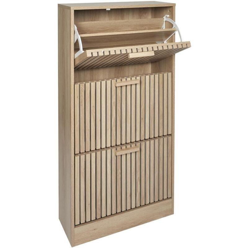 Kahverengi Dikey Çizgili 3 Kapaklı Ahşap Ayakkabılık - 60x24x113 cm - 119011