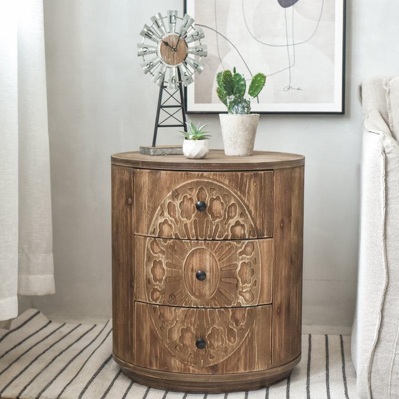 Kahverengi Dişbudak Kaplama El Oyması Desenli Yuvarlak Komodin - 51x58 cm - 128185
