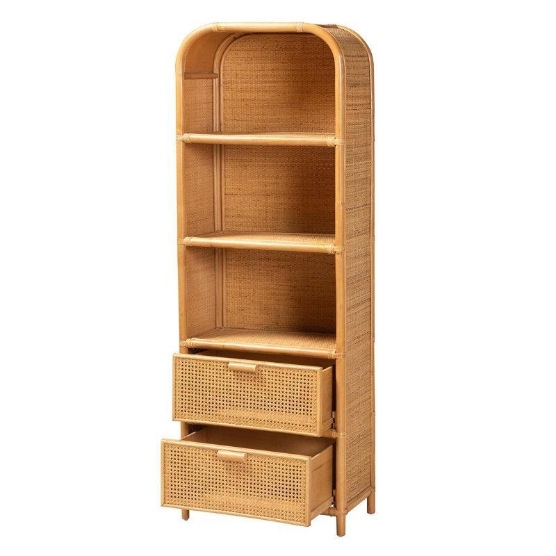 Kahverengi Doğal Rattan 3 Raflı 2 Çekmeceli Bohem Kitaplık - 59x36x172 cm - 141325