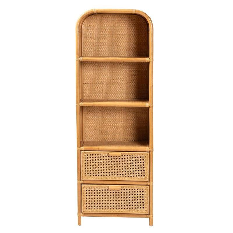Kahverengi Doğal Rattan 3 Raflı 2 Çekmeceli Bohem Kitaplık - 59x36x172 cm - 141325