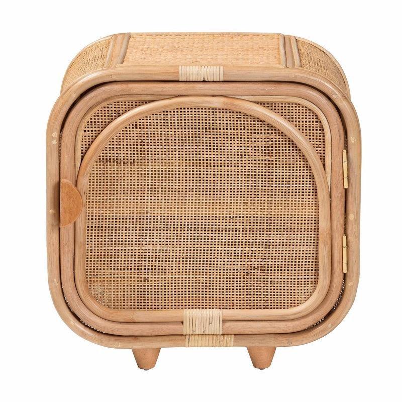 Kahverengi Doğal Rattan ve Maun Ağacı Kapaklı Yuvarlak Hatlı Komodin - 56x41x56 cm - 127262