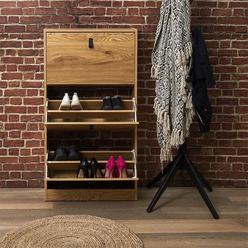 Kahverengi Endüstriyel Ahşap 3 Düşer Kapaklı Dar Ayakkabılık - 63x24x117 cm - 119443